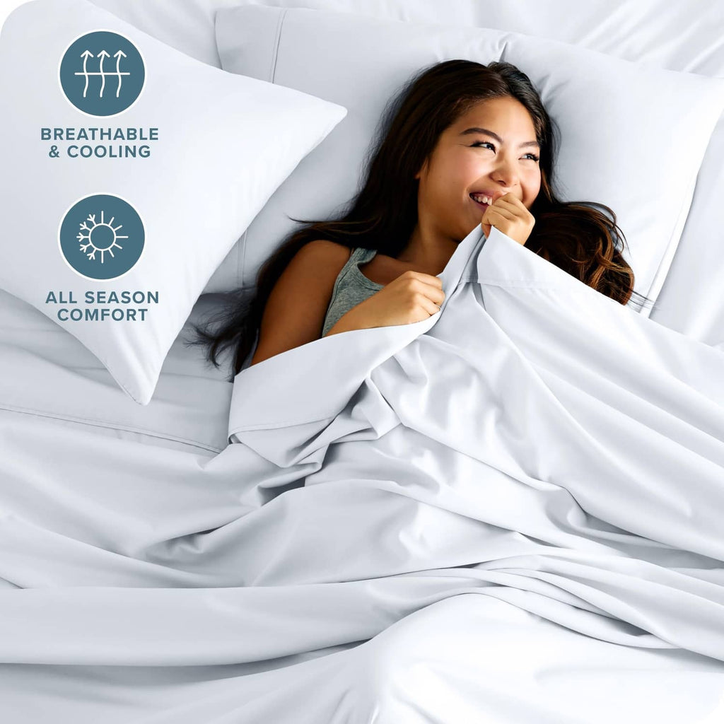 White microfiber sheet fabric with soft drape and concealed pillowcases