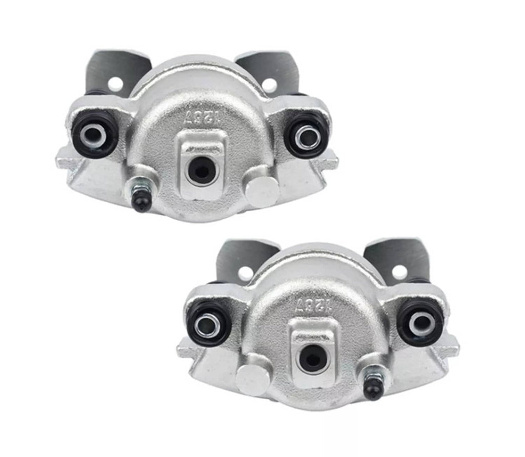 Front brake caliper pair, silver housing with mounting holes and black rubber boots