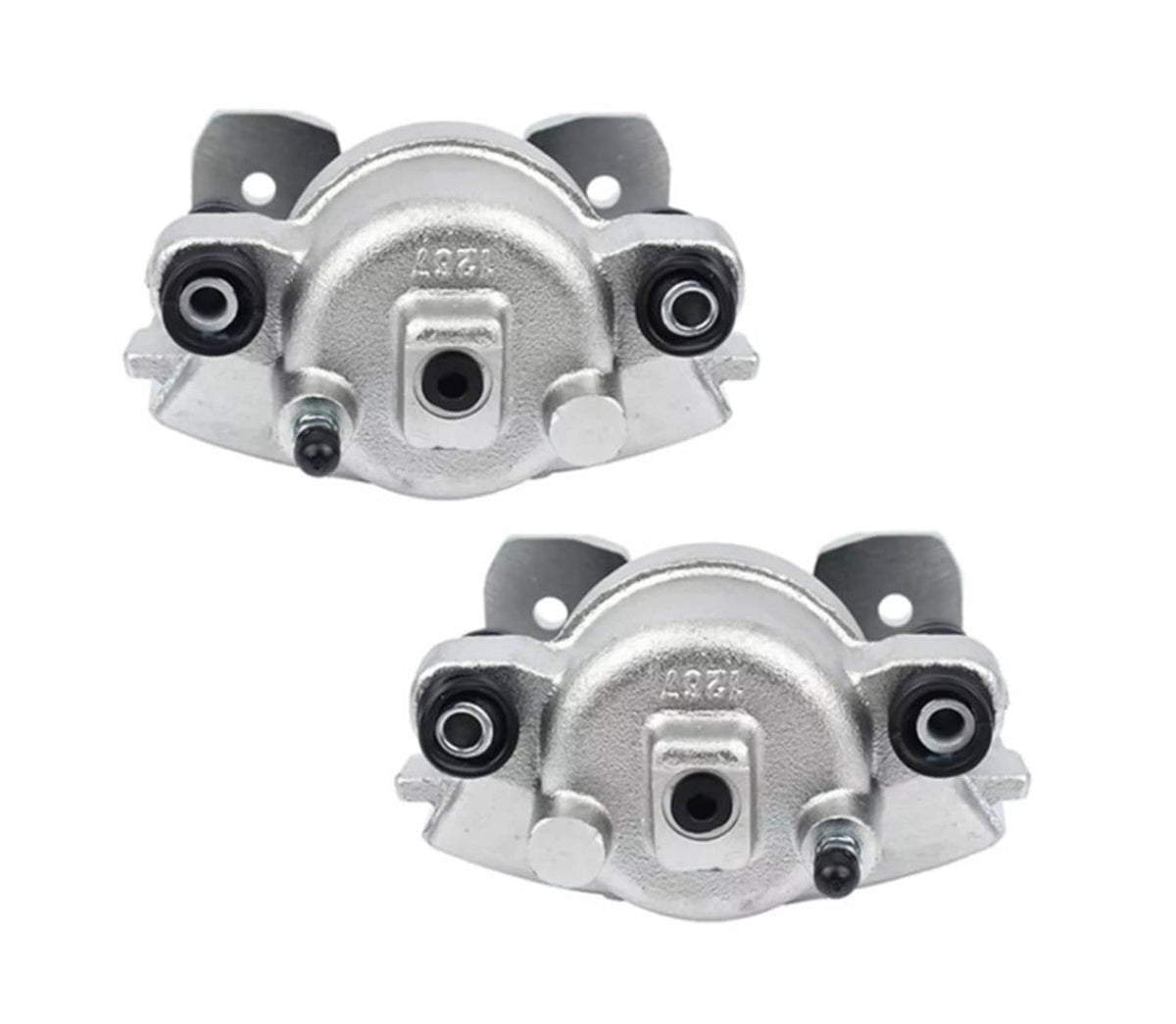 Front brake caliper pair, silver housing with mounting holes and black rubber boots