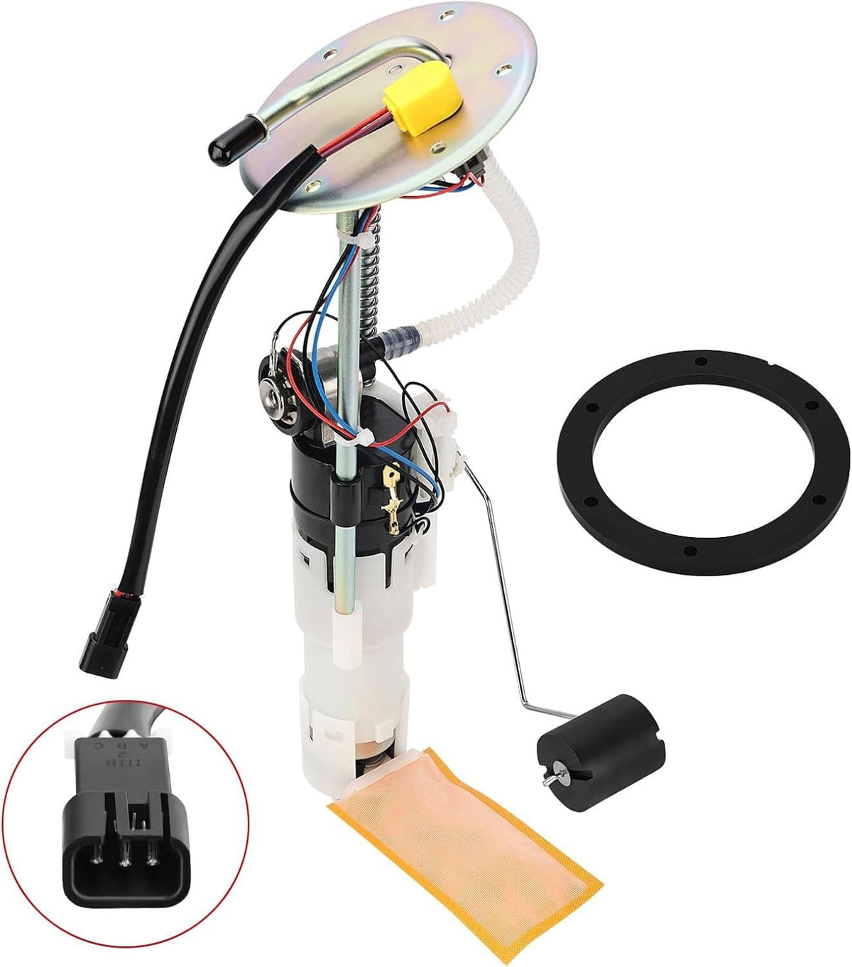 Fuel pump assembly with sending unit and wiring harness, includes mounting gasket