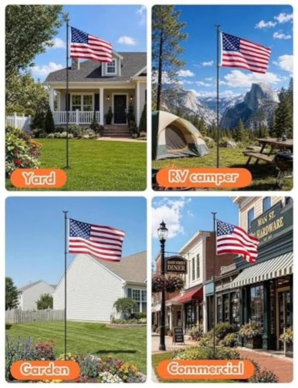 Black in-ground flagpole shown for yard, garden, RV camper, and commercial settings