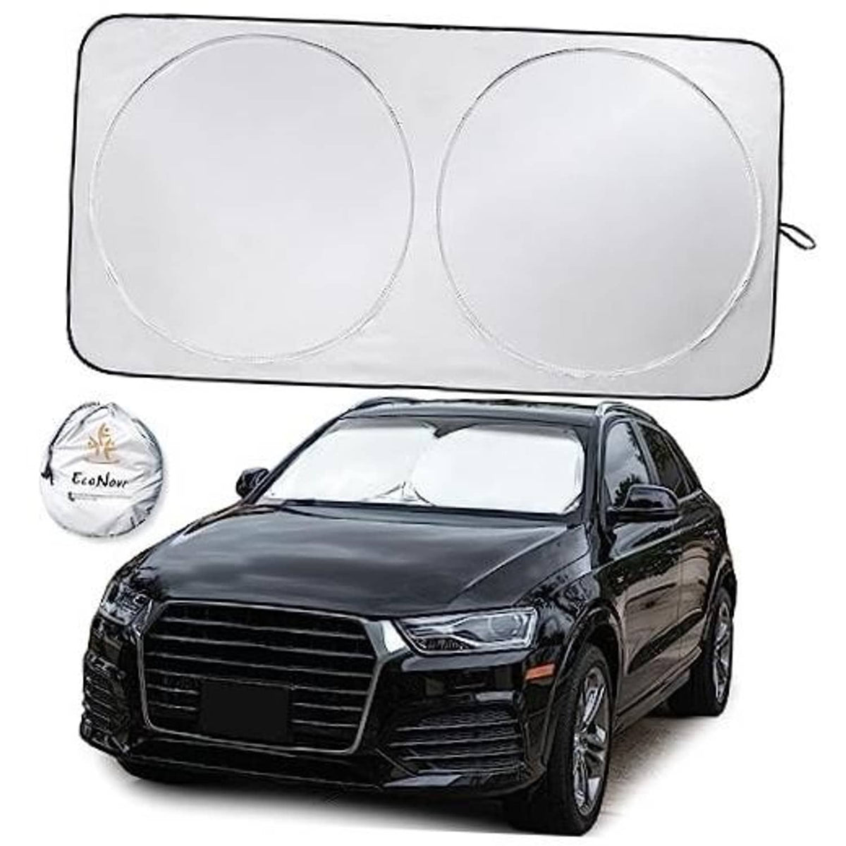 Small car windshield sun shade with two large circular panels and side tie
