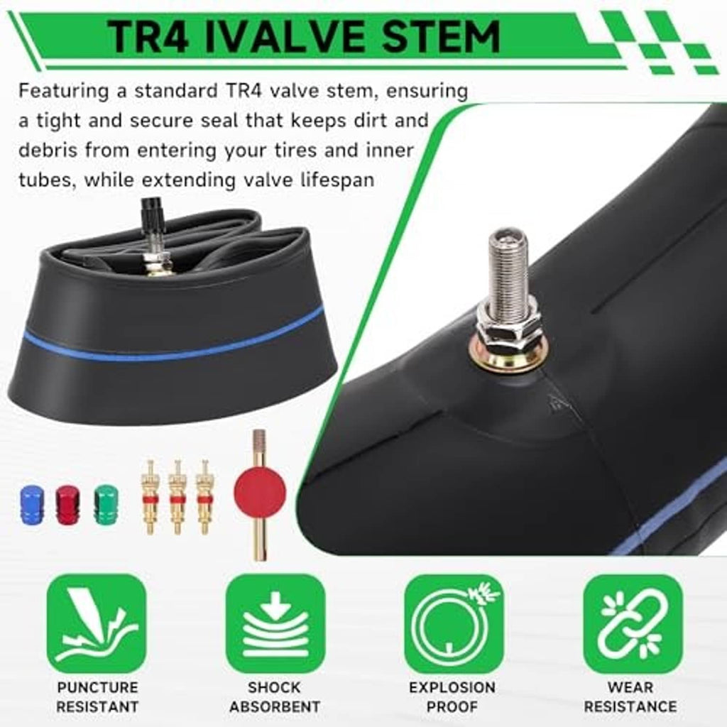 Heavy-duty motorcycle inner tube with TR4 valve stem and sealed valve area close-up