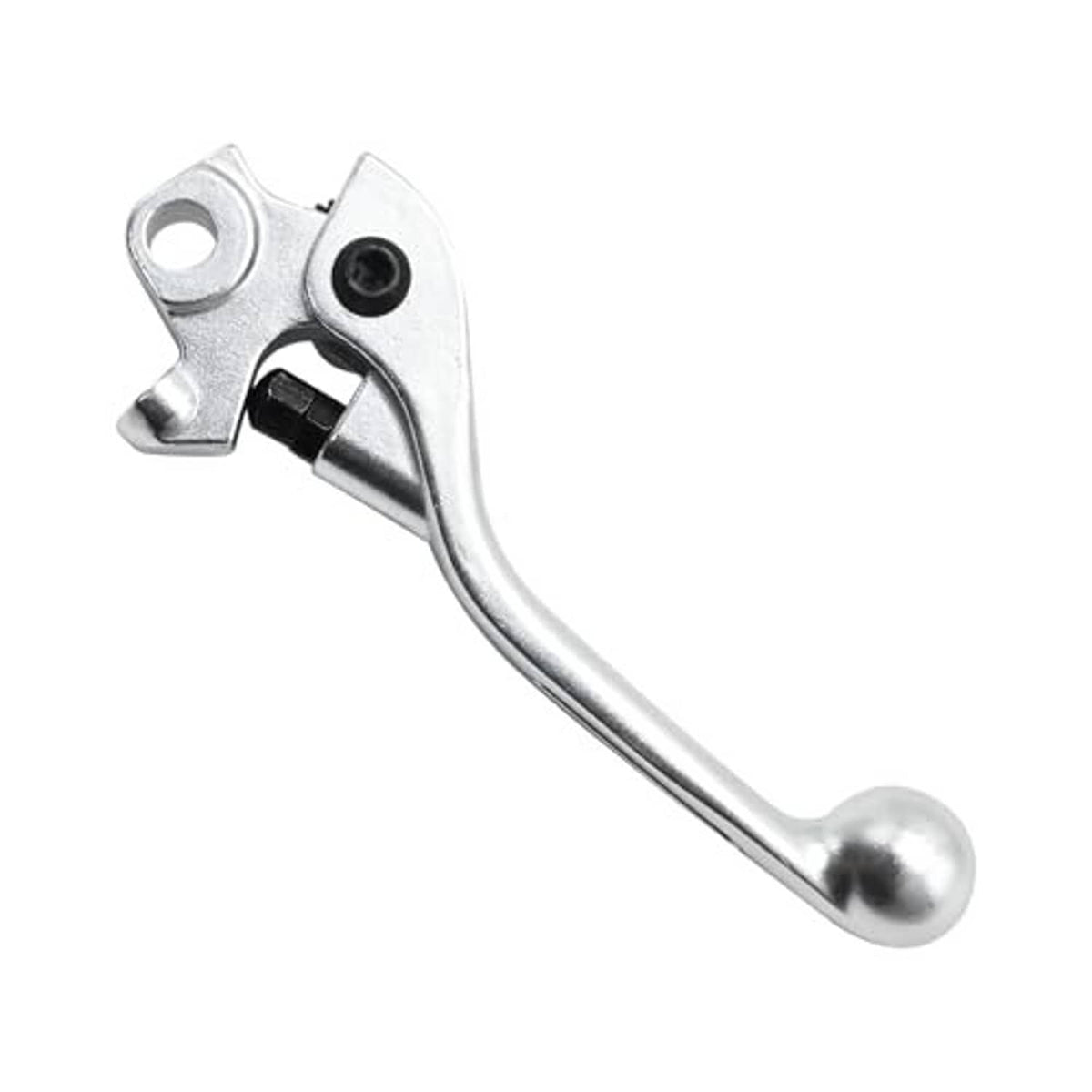 Front brake lever replacement, curved silver lever with black pivot and mounting clamp