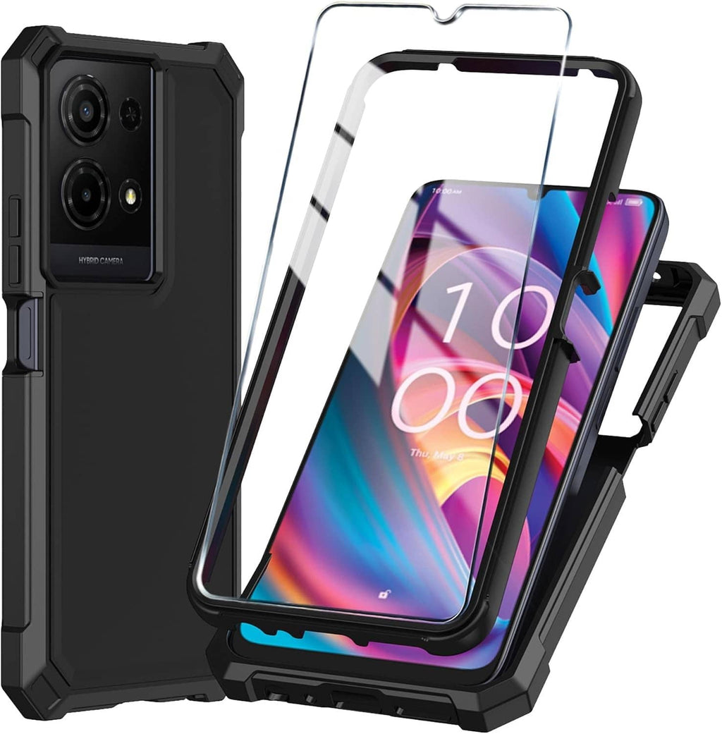 Black rugged phone case with tempered glass screen protector, raised front lip