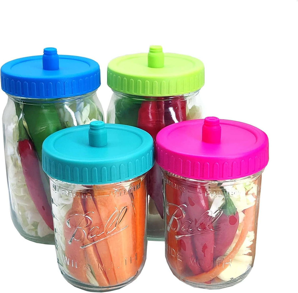 Fermentation lid set for wide-mouth jars with blue, green, teal, and pink tops