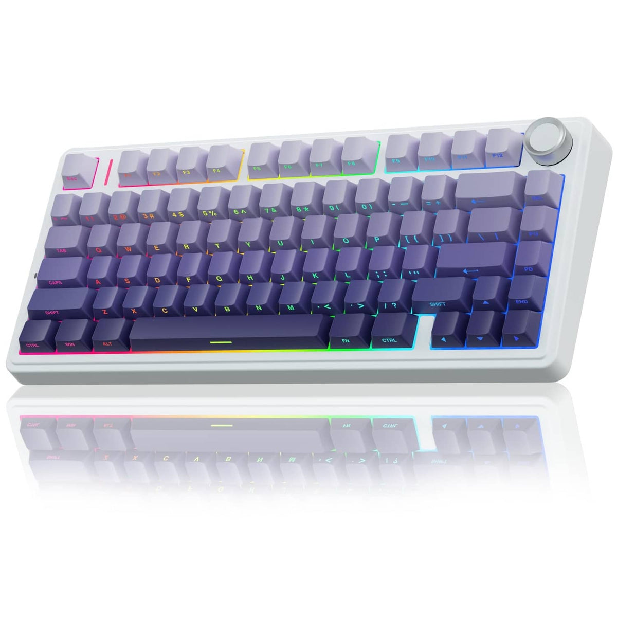 75% mechanical keyboard with white case and purple gradient RGB backlit keys