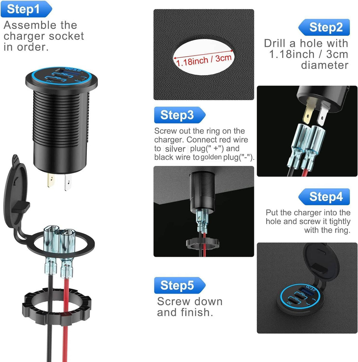 Black 12V USB charger installation steps with mounting ring and wiring parts