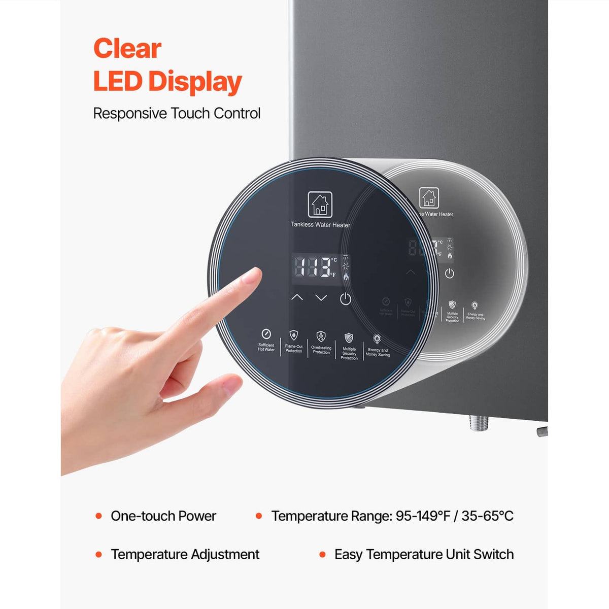 Propane tankless water heater with touch LED display and front control buttons