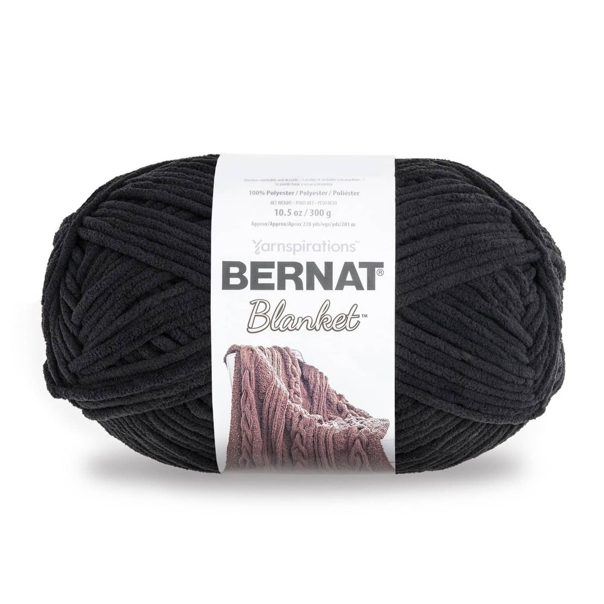 Skein of Bernat Blanket yarn in dark gray/coal, chunky ribbed texture