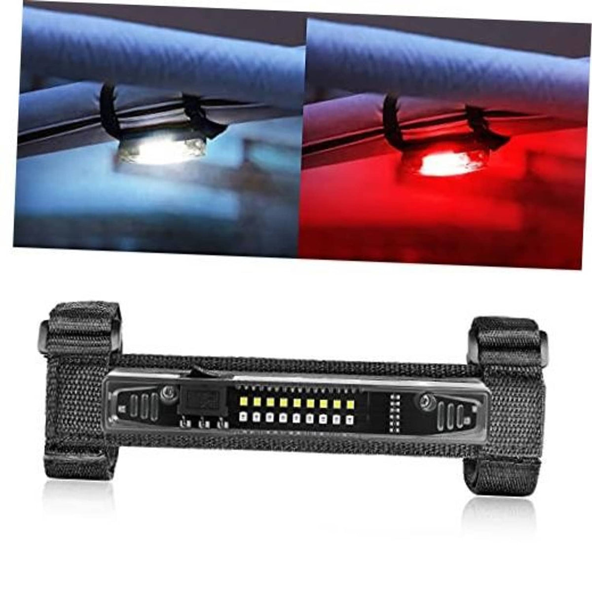 Universal LED dome light with black housing, yellow LED bar, and adjustable nylon straps
