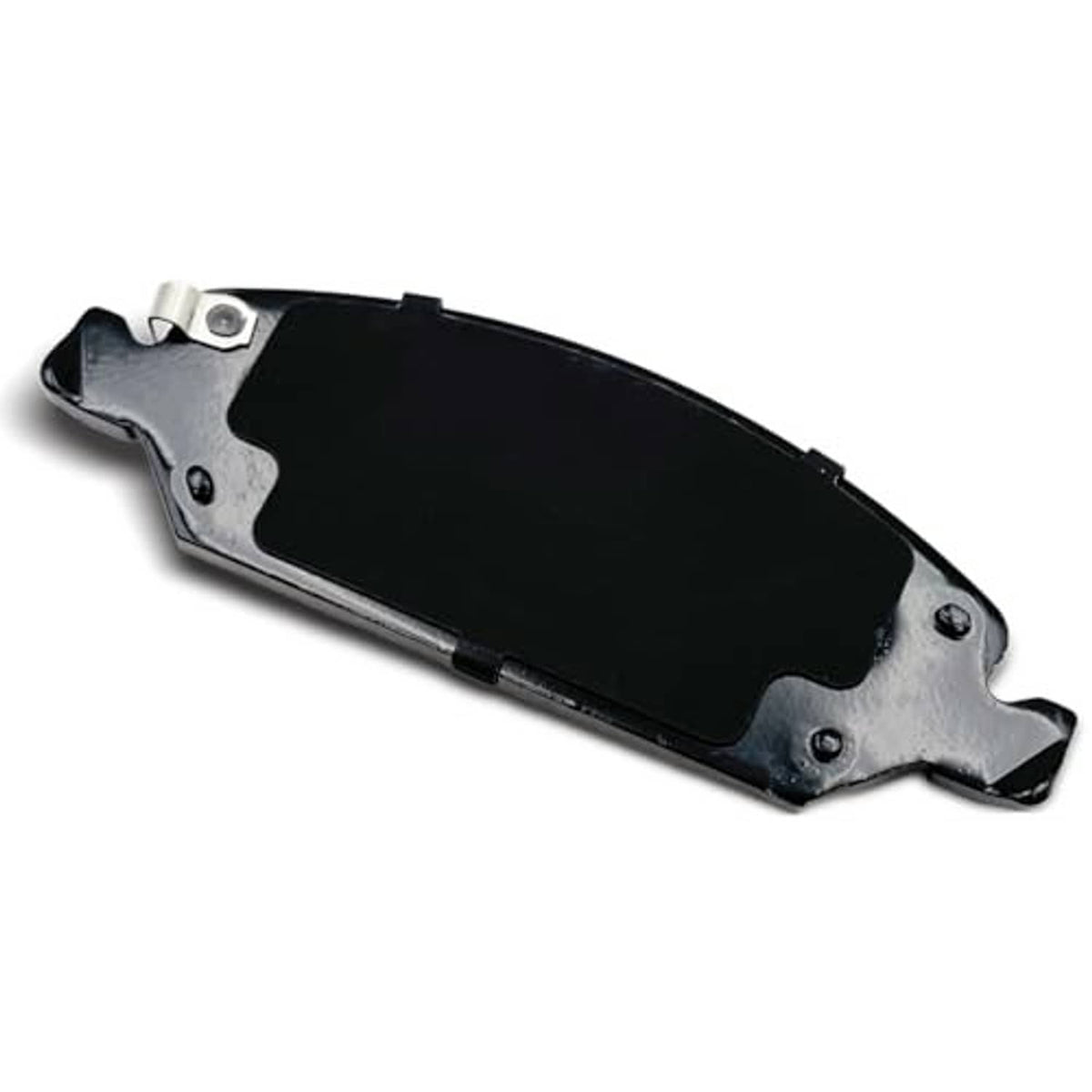 Ceramic brake pad with dark backing plate, underside view with mounting holes