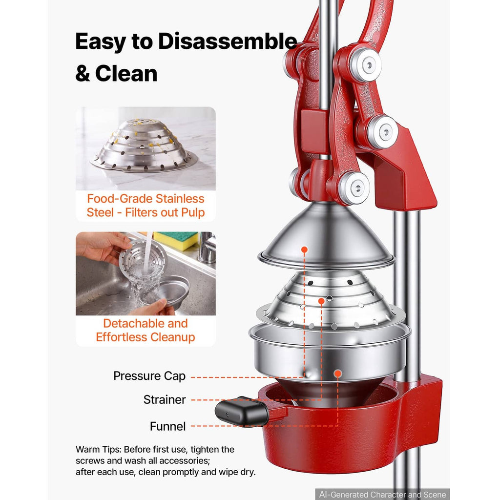 Red manual citrus juicer with stainless press components and detachable funnel parts