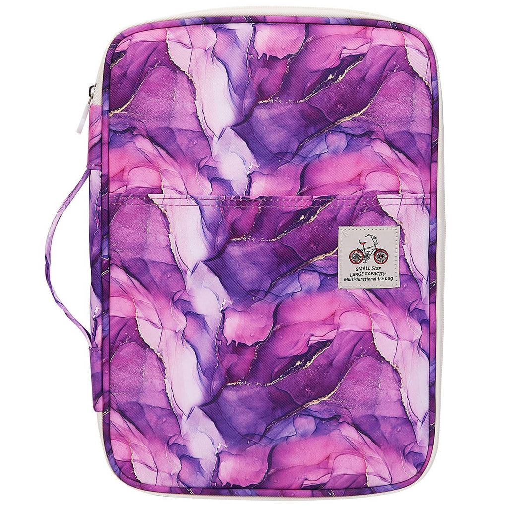 Purple marble-pattern travel portfolio with zip closure and carry strap