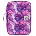 Purple marble-pattern travel portfolio with zip closure and carry strap