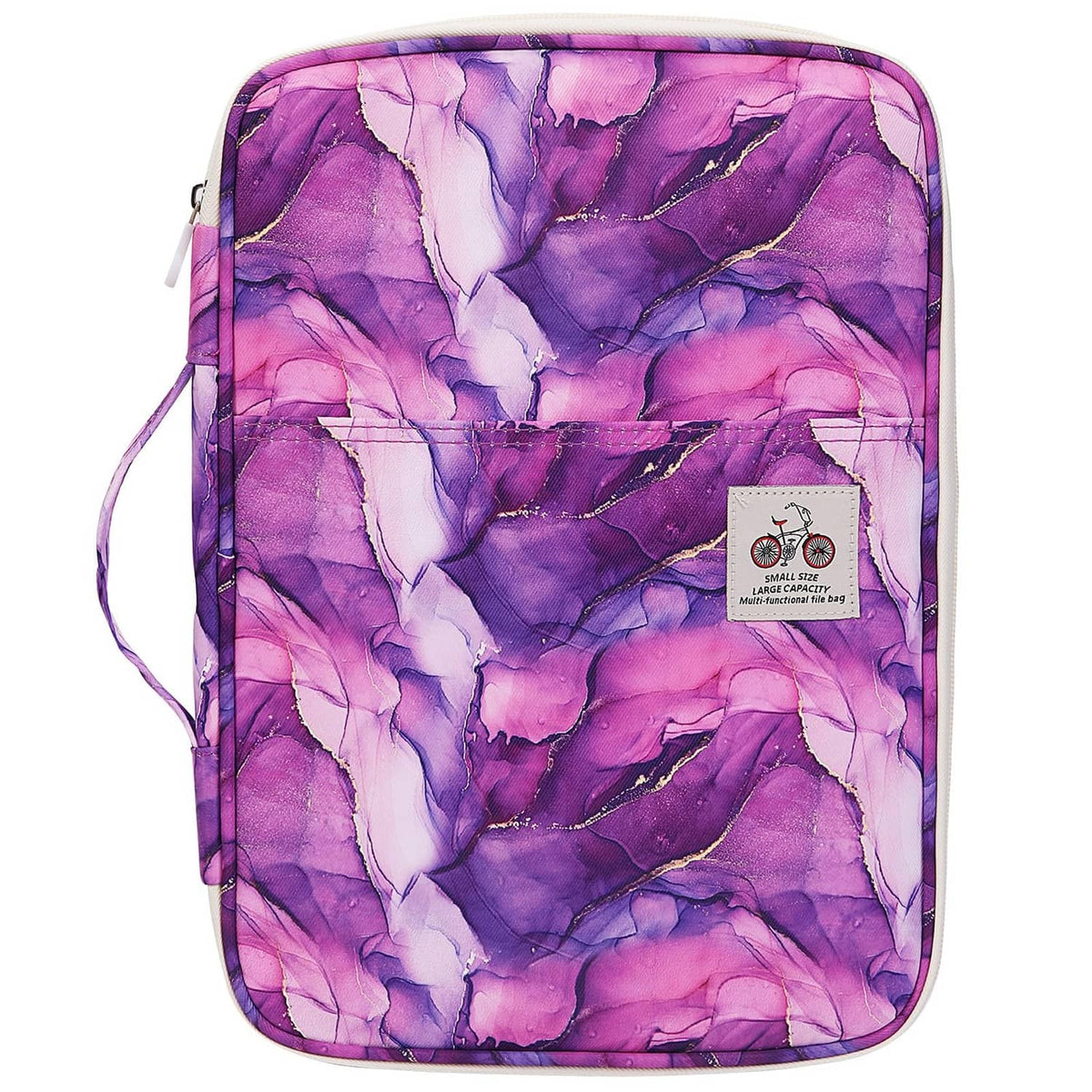 Purple marble-pattern travel portfolio with zip closure and carry strap