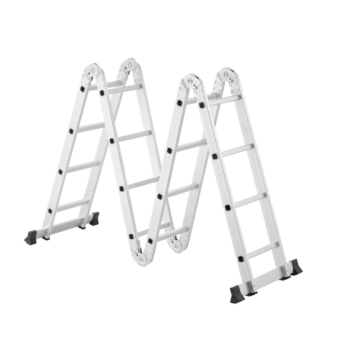 Folding ladder displayed in open and folded configurations, white frame with black feet