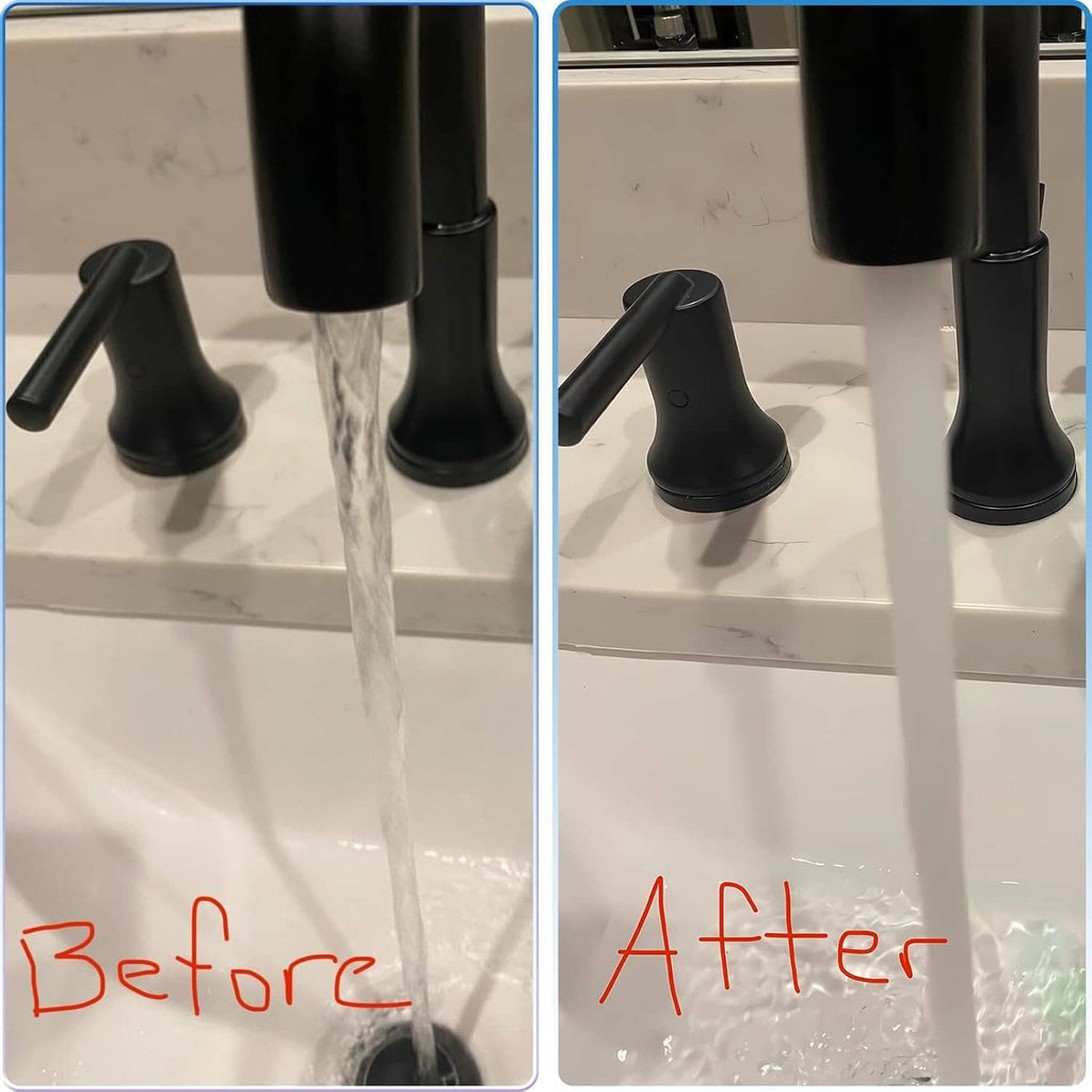 Before-and-after water stream view with faucet aerator installed