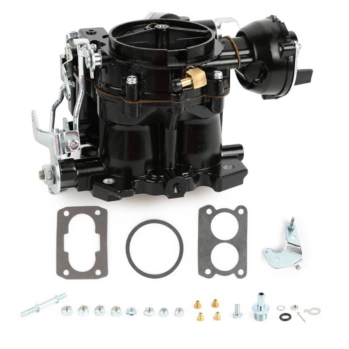 Marine 2BBL carburetor assembly front view with gaskets and screws
