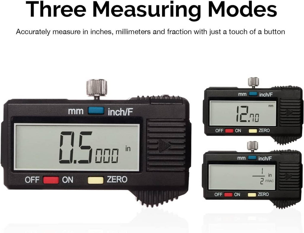 Digital caliper close-up showing three display modes, mm and inch/F settings