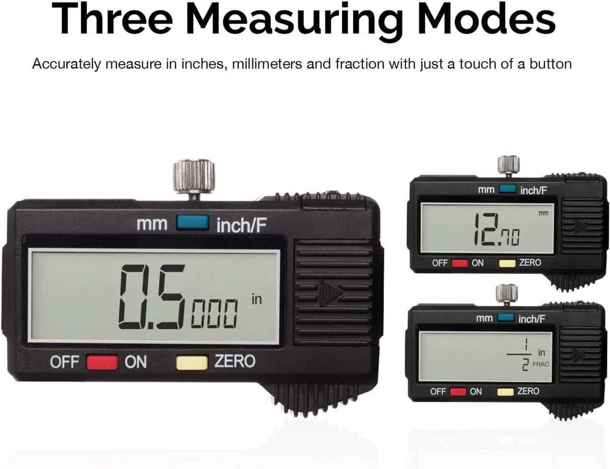 Digital caliper close-up showing three display modes, mm and inch/F settings