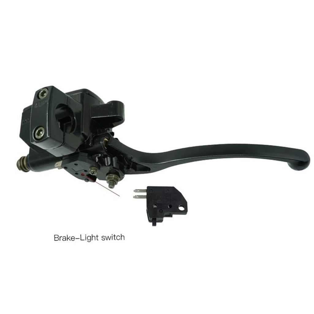 Right front brake lever assembly with switch module and mounting hardware, black