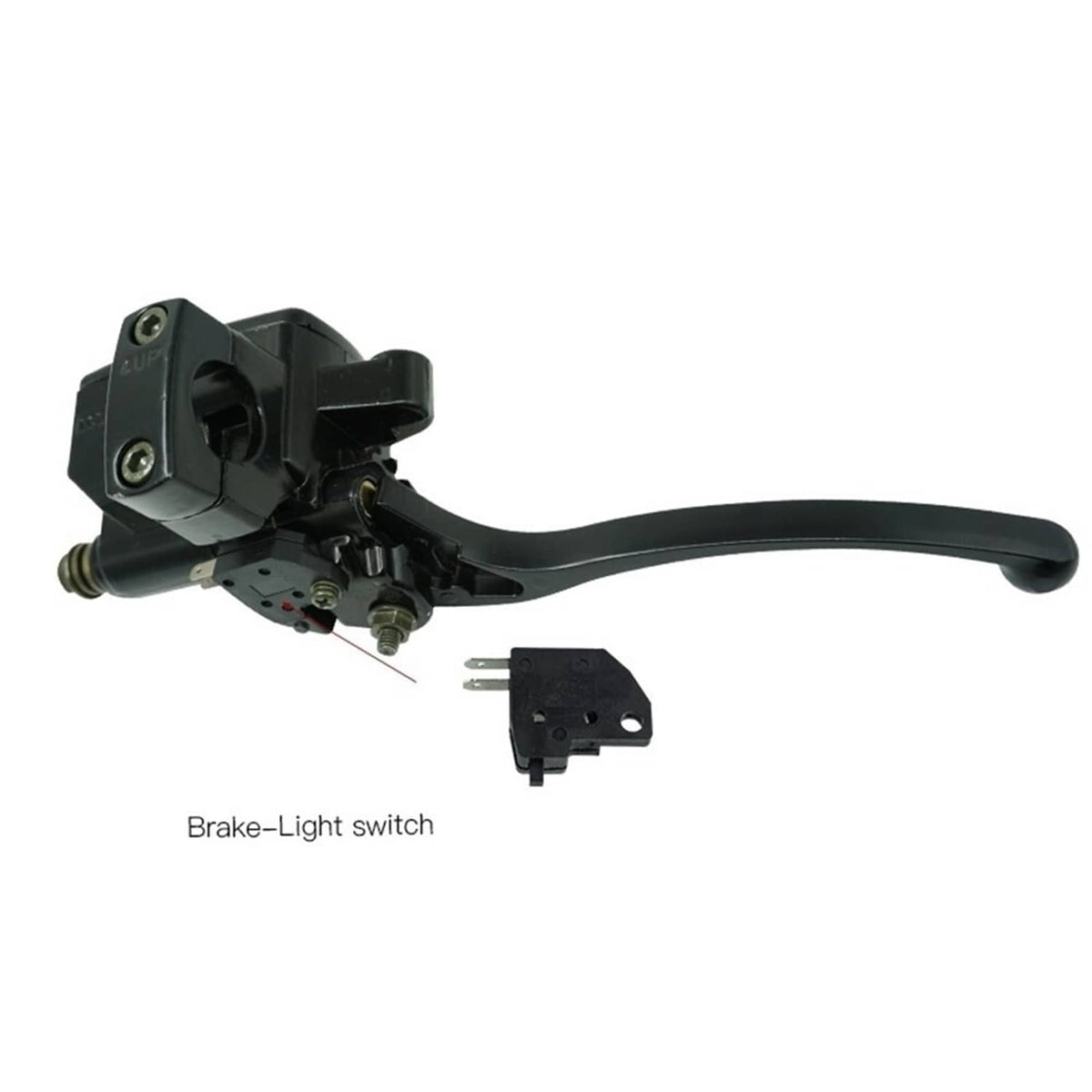 Right front brake lever assembly with switch module and mounting hardware, black