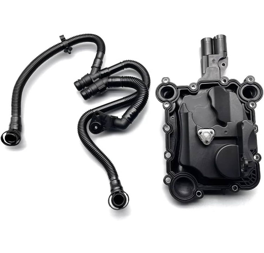 Oil separator PCV valve vent kit with black plastic housing and connected hoses