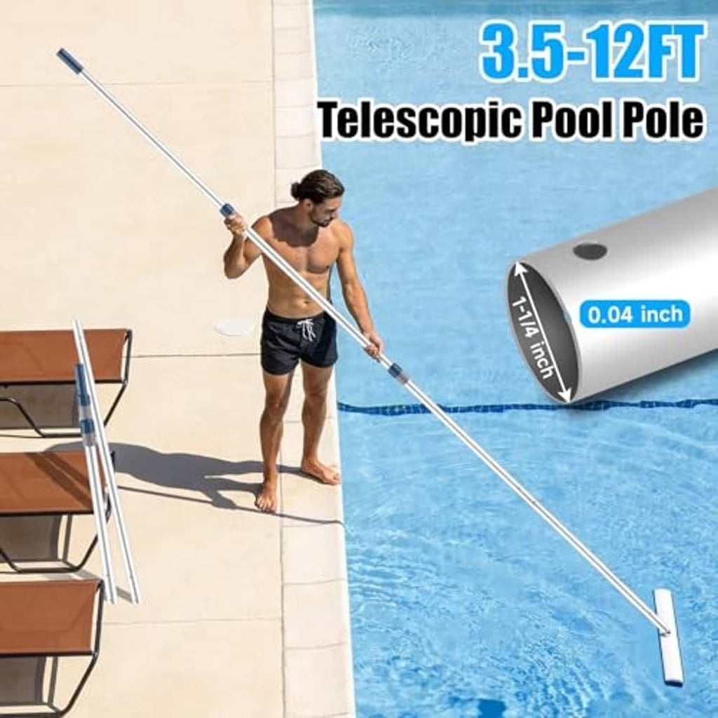 Telescopic pool skimming pole extended with blue grip handle and metal shaft