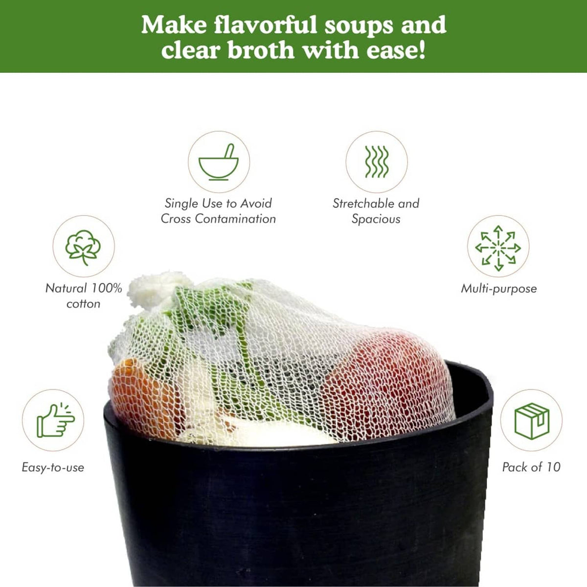 Natural cotton mesh soup sock wrap in a cup, pack of 10
