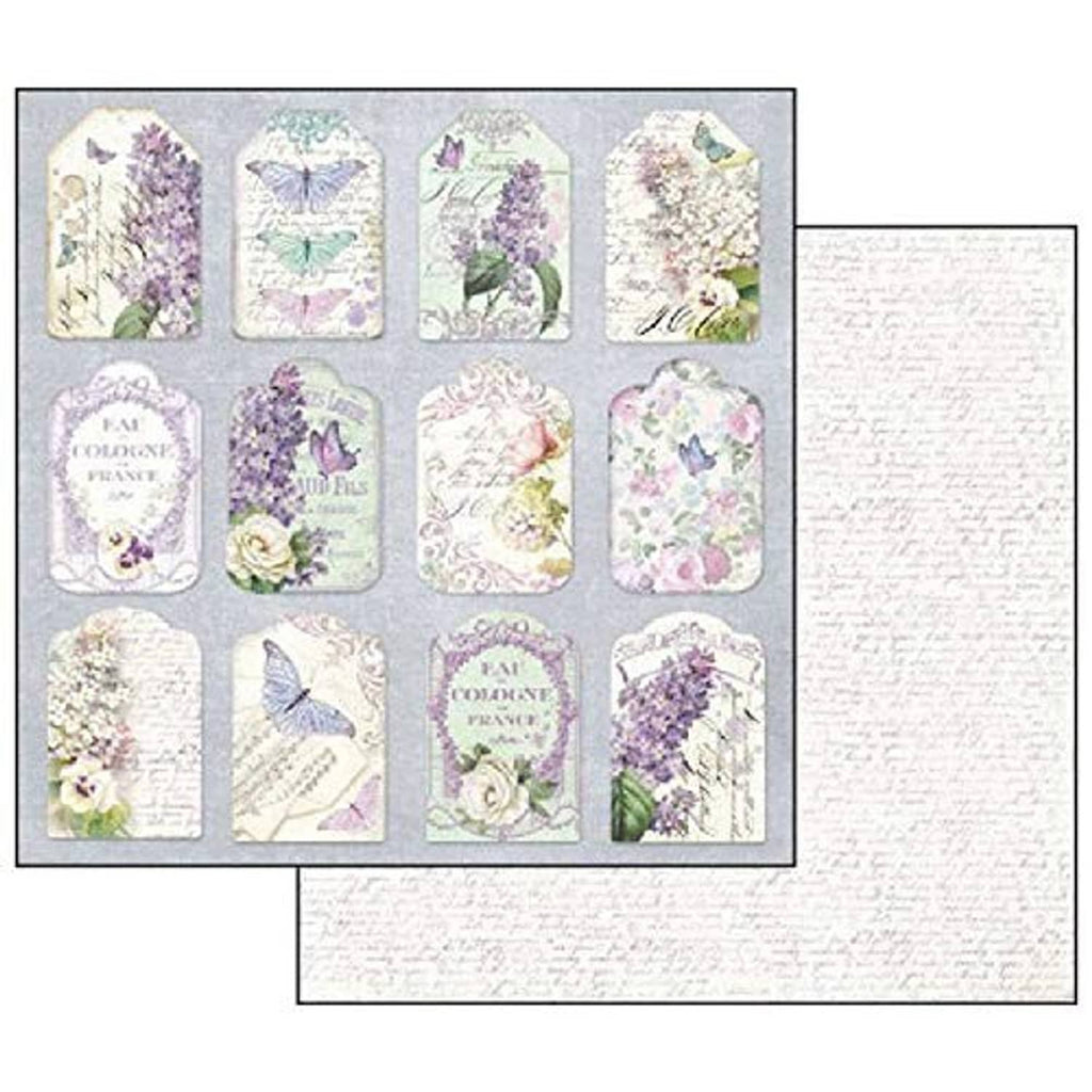 Lilac double-sided paper sheets with tag-style labels, butterflies, florals, and script.