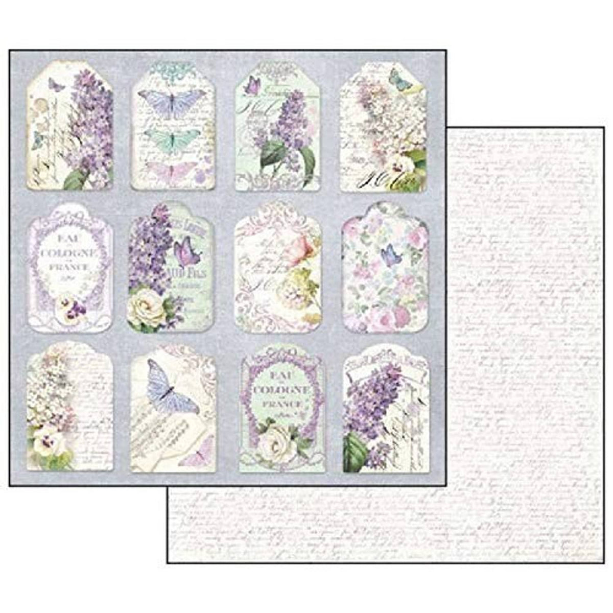 Lilac double-sided paper sheets with tag-style labels, butterflies, florals, and script.