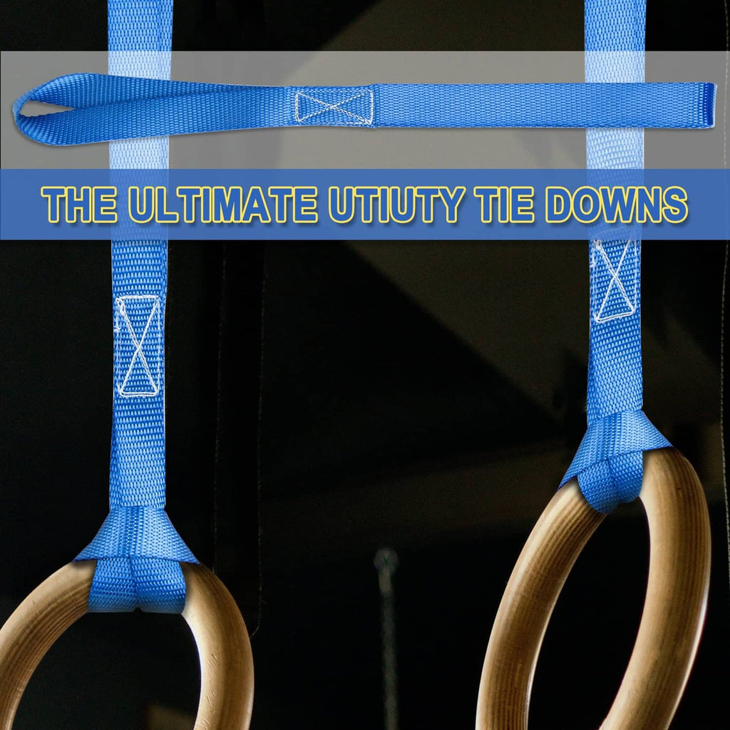 Blue soft-loop tie-down strap with two end rings for utility securing