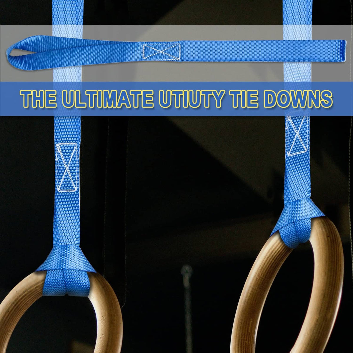 Blue soft-loop tie-down strap with two end rings for utility securing