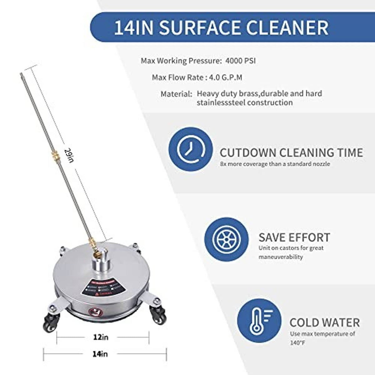Compact 14-inch pressure washer surface cleaner with caster wheels and central nozzle