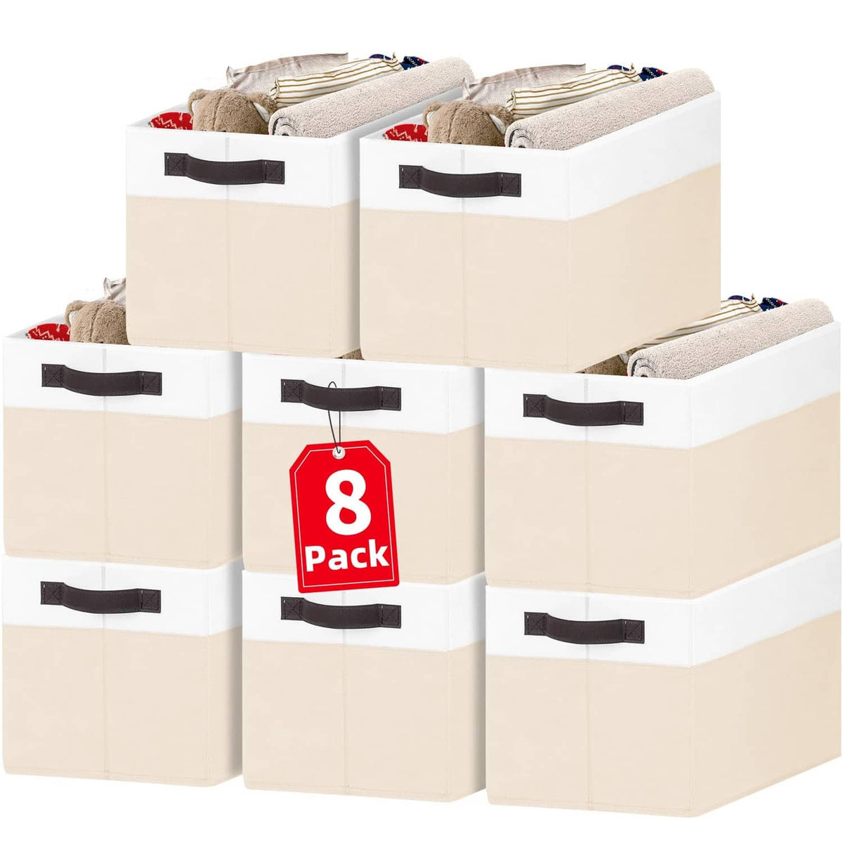 Set of eight rectangular storage baskets in white and beige with dark carry handles.