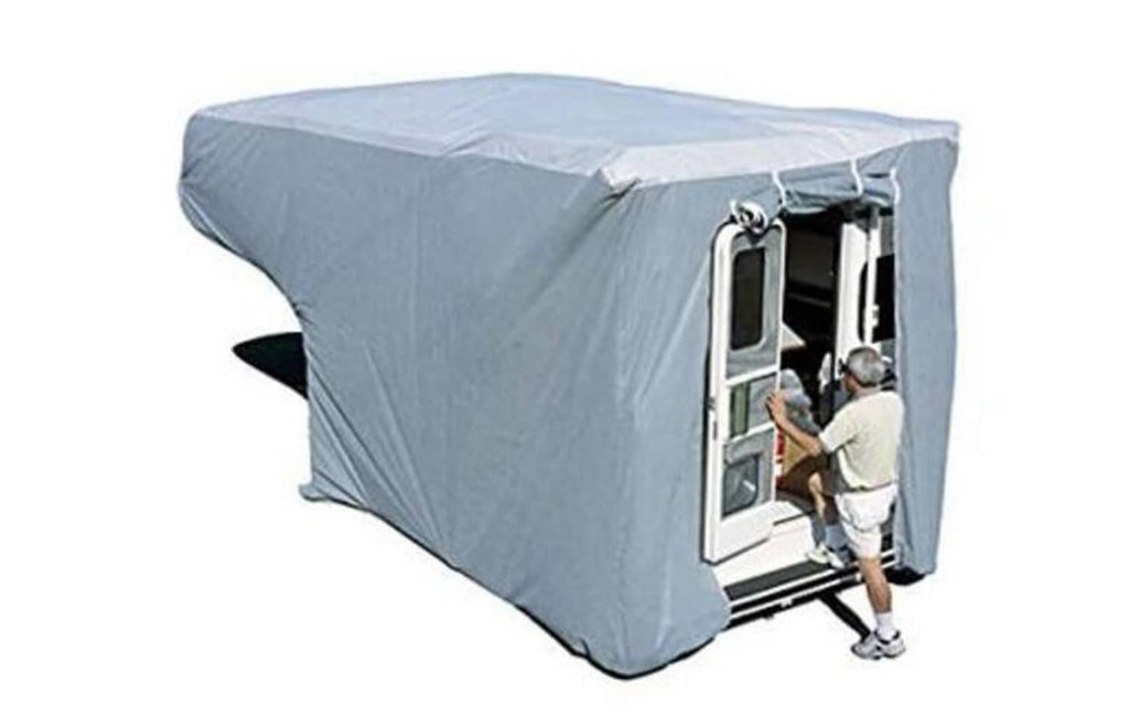 Aqua truck camper cover with zippered door opening and elastic hem