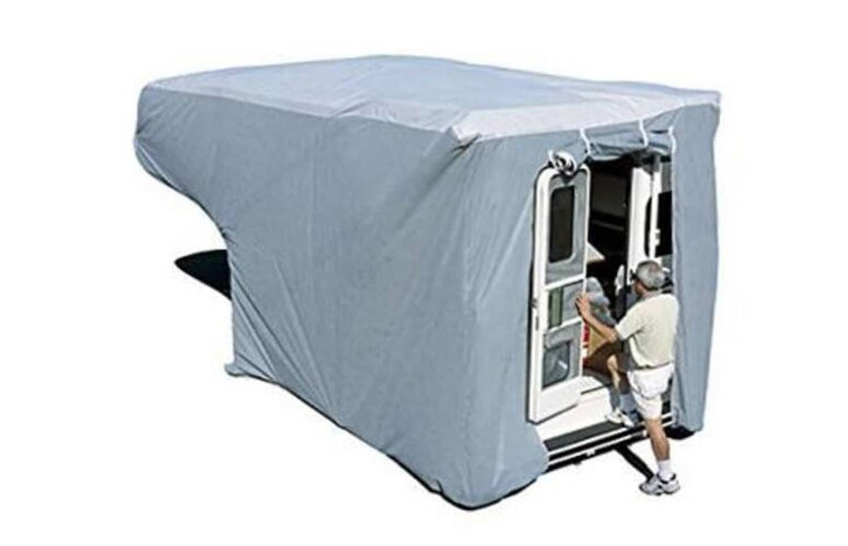 Aqua truck camper cover with zippered door opening and elastic hem