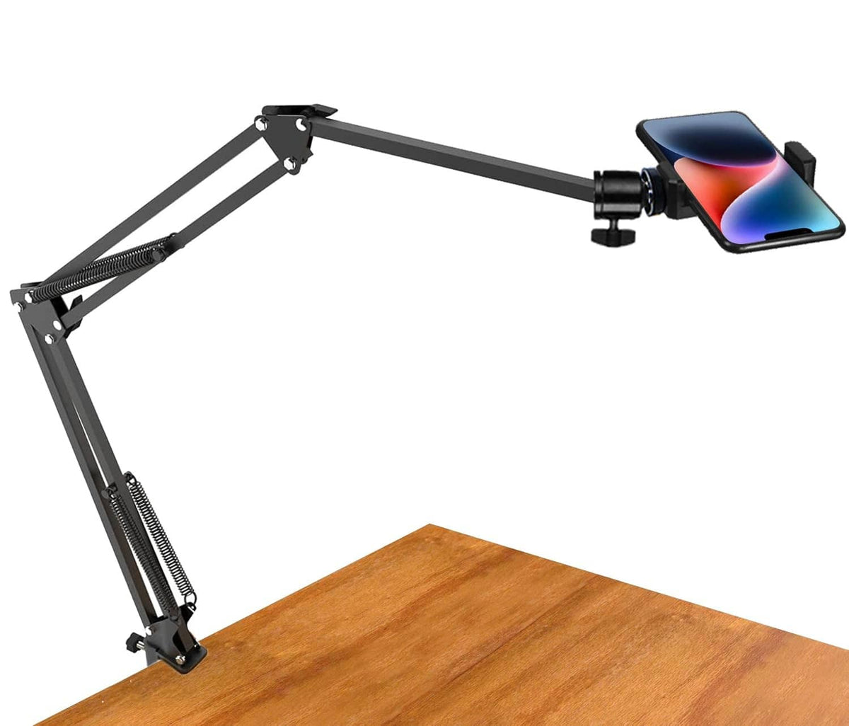 Black overhead tripod mount with adjustable long arm for camera or webcam