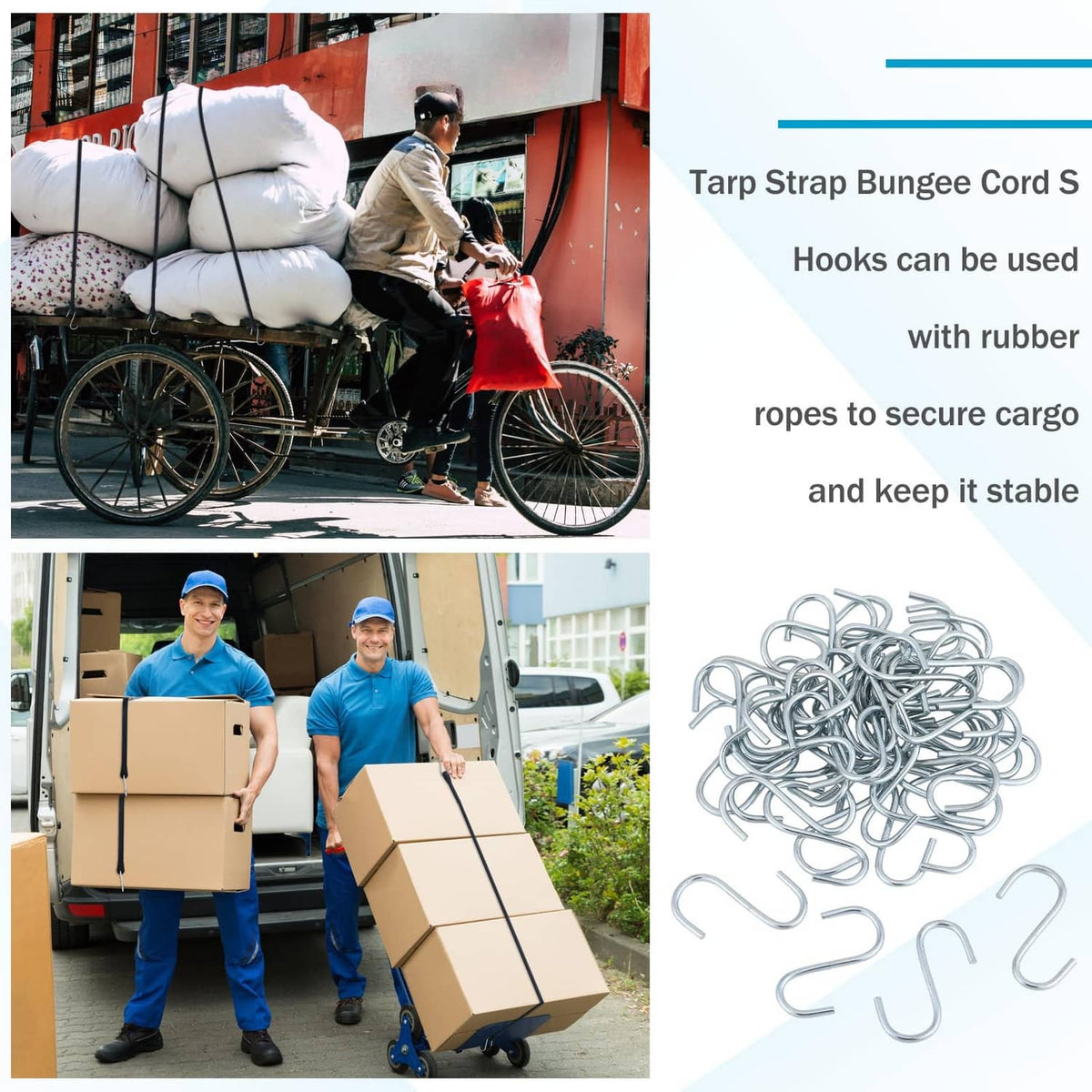 Black bungee tarp strap cords with light blue S hooks, bundled pack