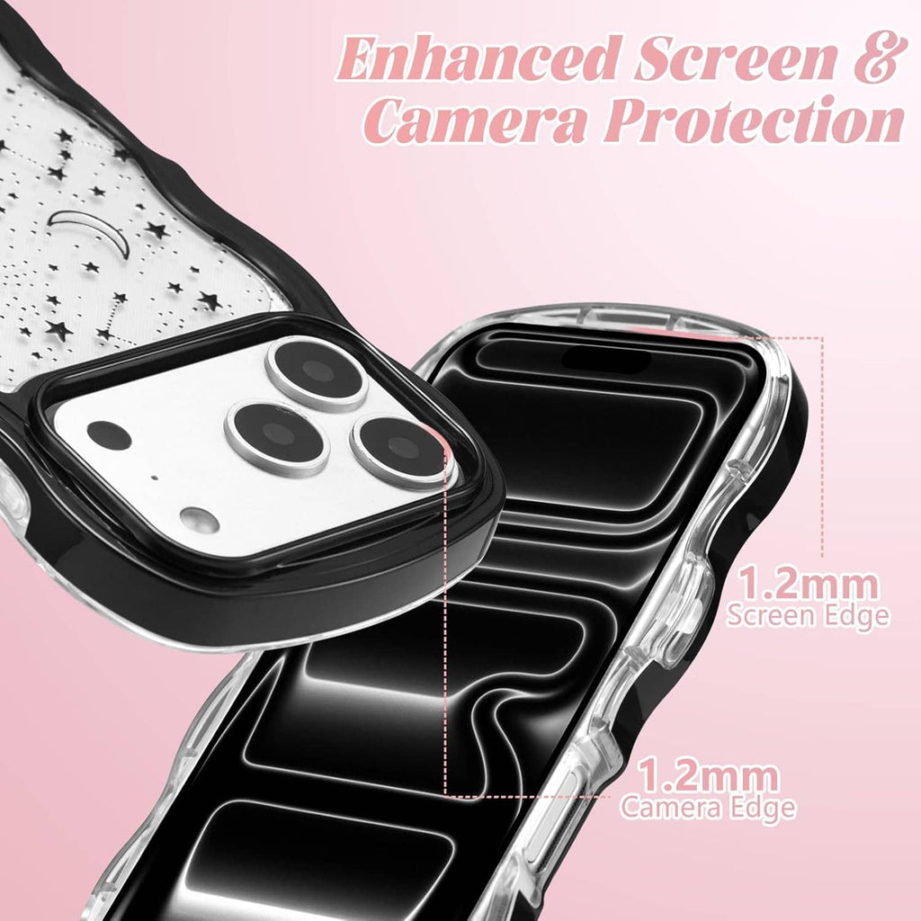 iPhone Pro Max case with raised camera and screen edge areas, black wave frame and space print
