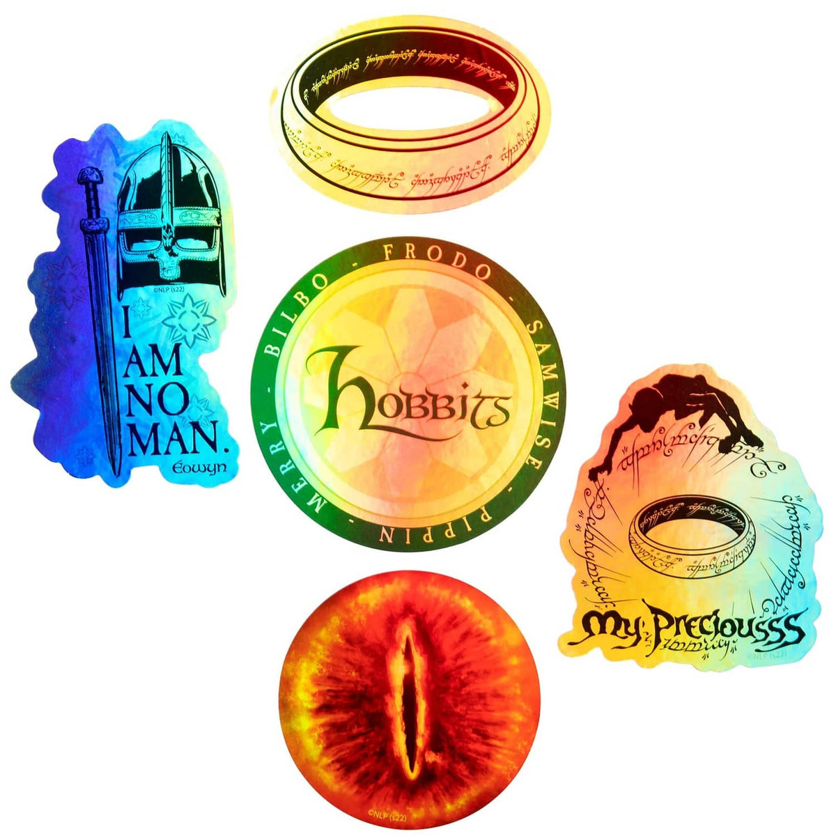 Multicolor Lord of the Rings vinyl stickers, circular logos and character cutouts