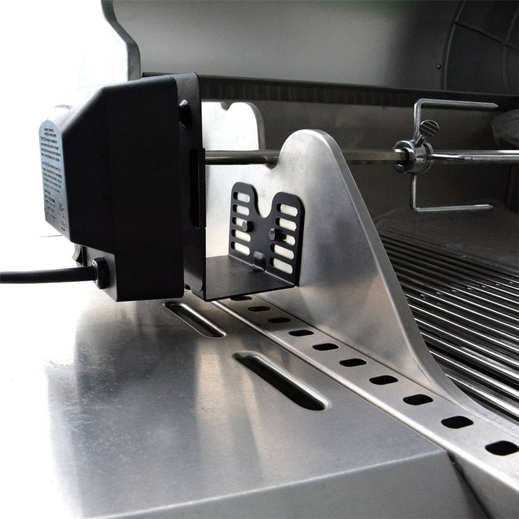 Rotisserie motor bracket on barbecue grill with stainless spit and front access plate