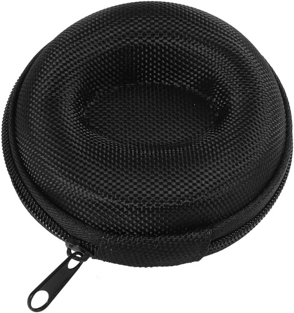 Single black textured round watch case with zip closure and zipper pull ring