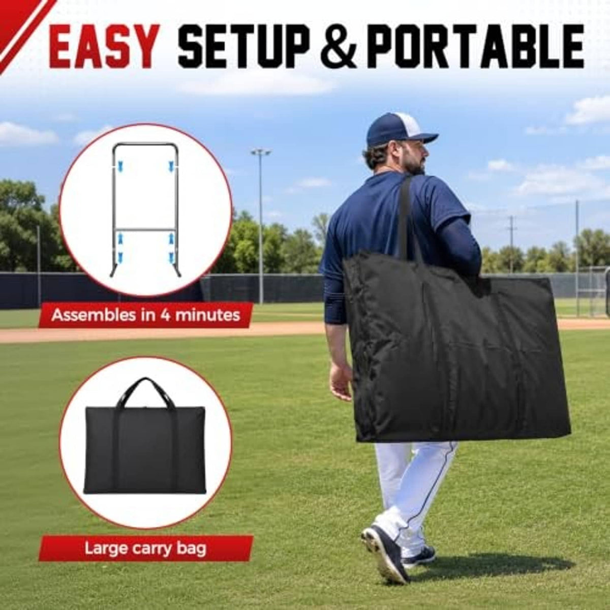 Foldable strike-zone pitching net with 9-hole grid and large black carry bag