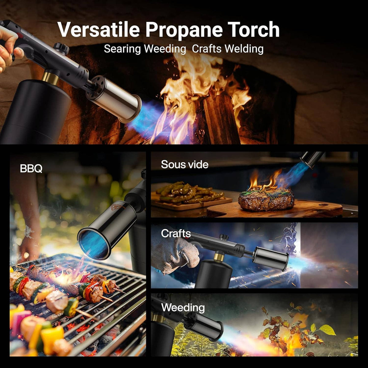 Propane torch heating tools and surfaces with a blue flame attachment