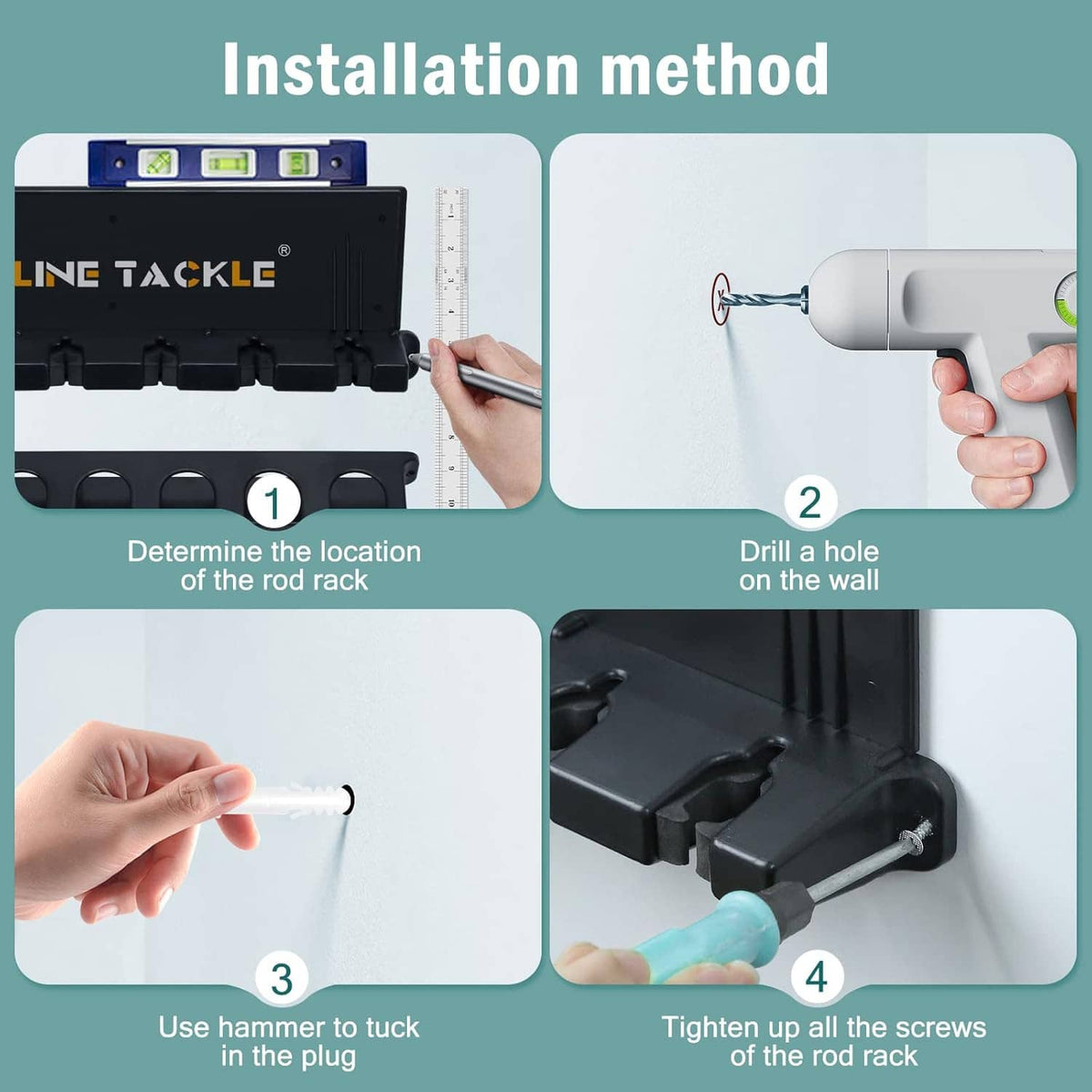 Installation steps for wall rod holder rack: mark, drill, hammer anchor, tighten screws