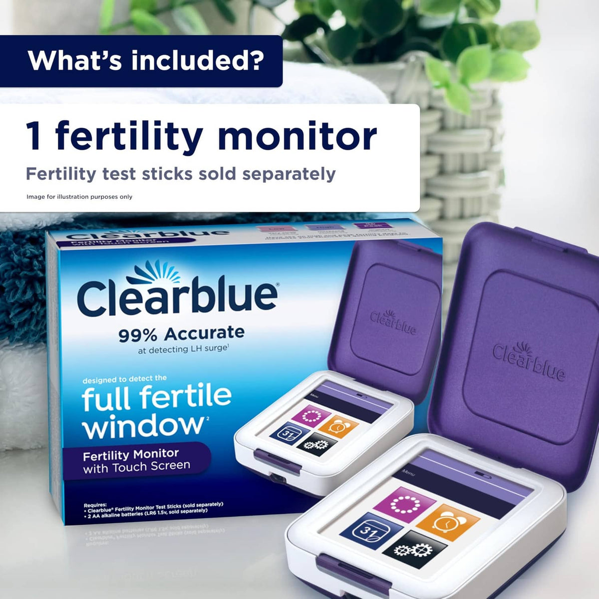 Clearblue fertility monitor set with purple sensor cover, white touchscreen device, and box