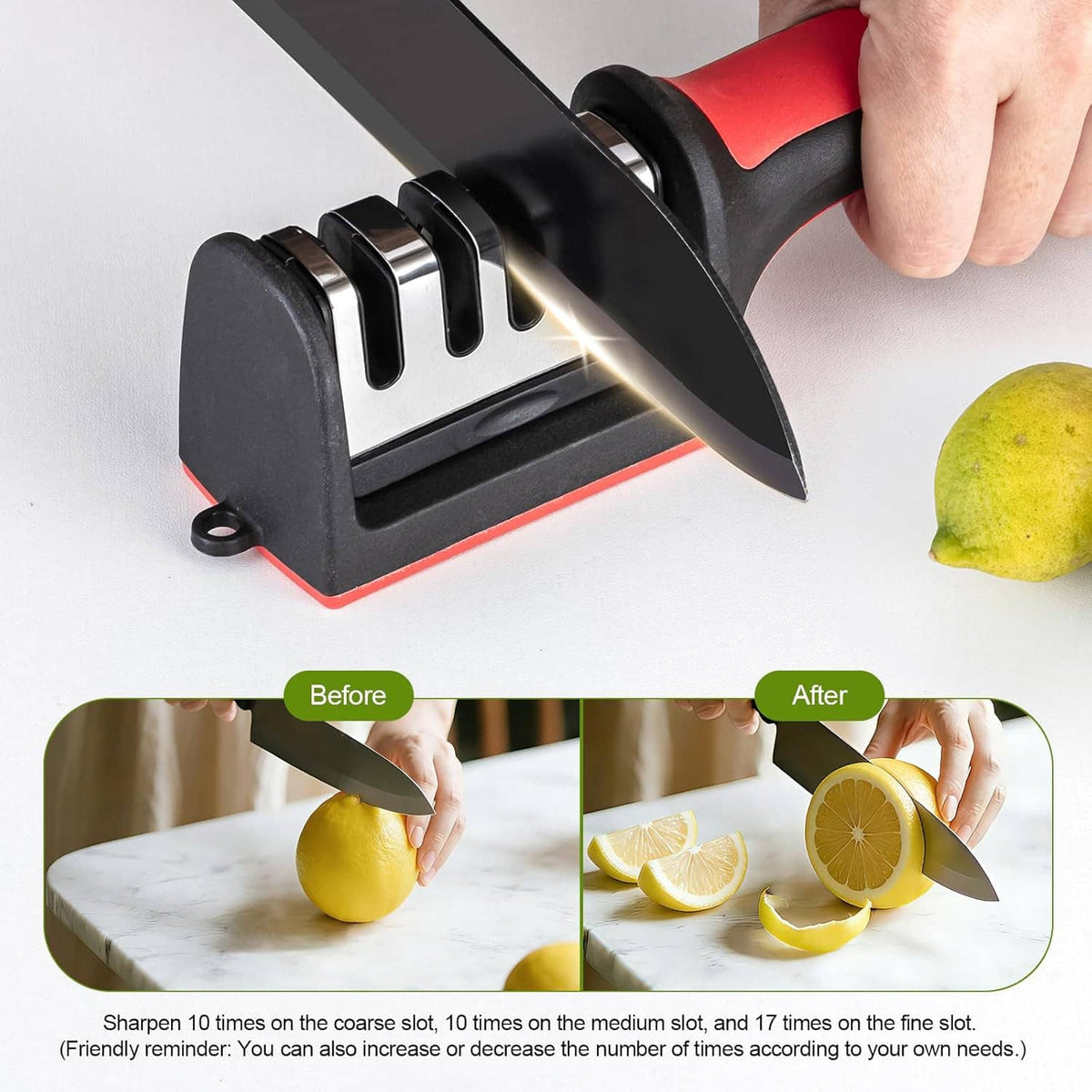 Knife sharpening demonstration on a black-and-red sharpener base with blade in slots