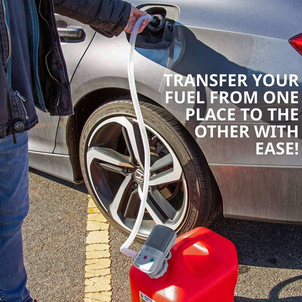 Fuel transfer pump transferring fuel from red can to vehicle area